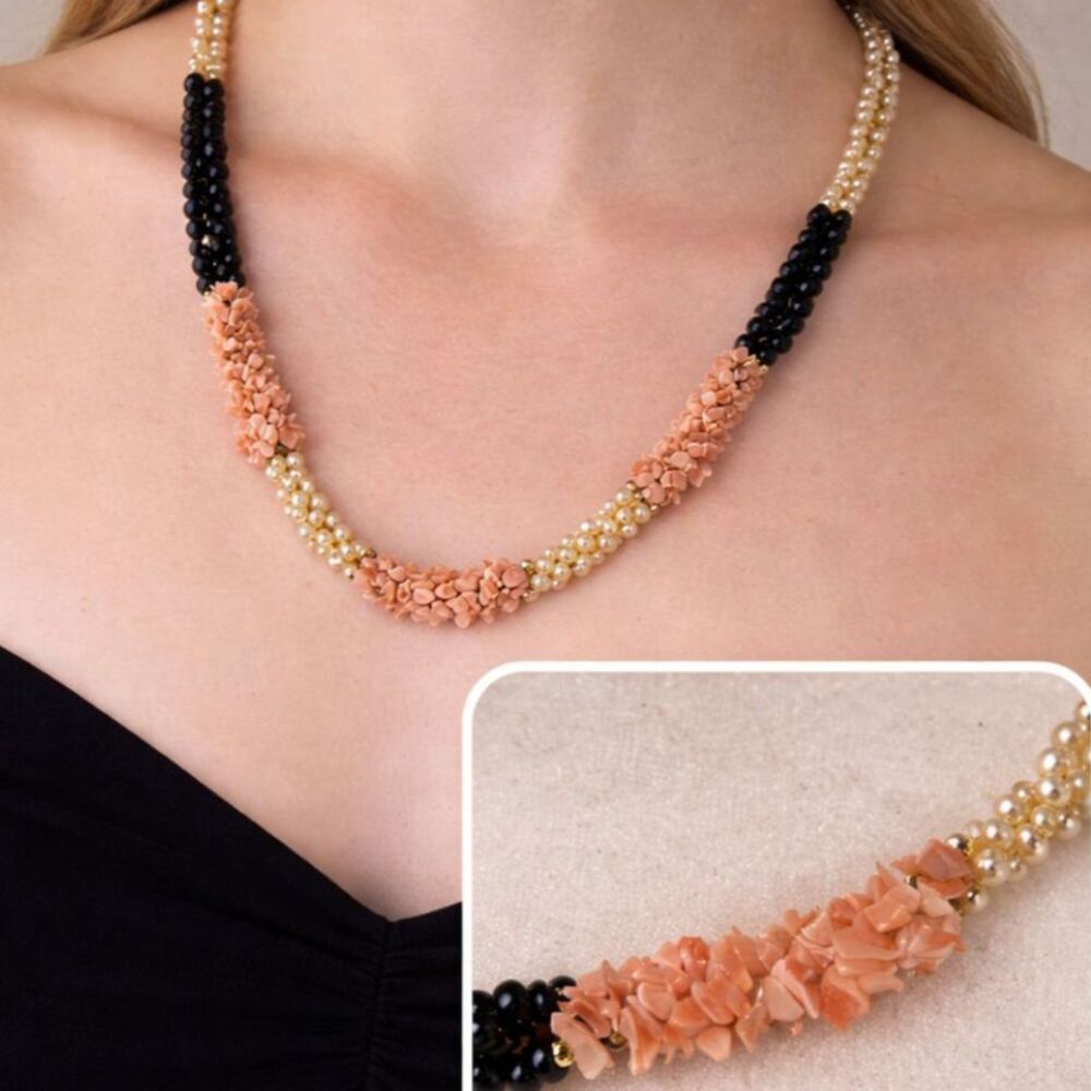 Vintage Faux Pearl Black Bead Pink Chip Necklace Long Statement Strand